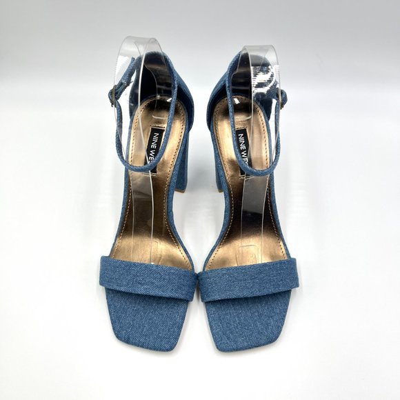 Nine West Womens Size 7.5 Denim Blue Square Toe Block Heels Sandals Shoes 7.5M - Picture 3 of 14
